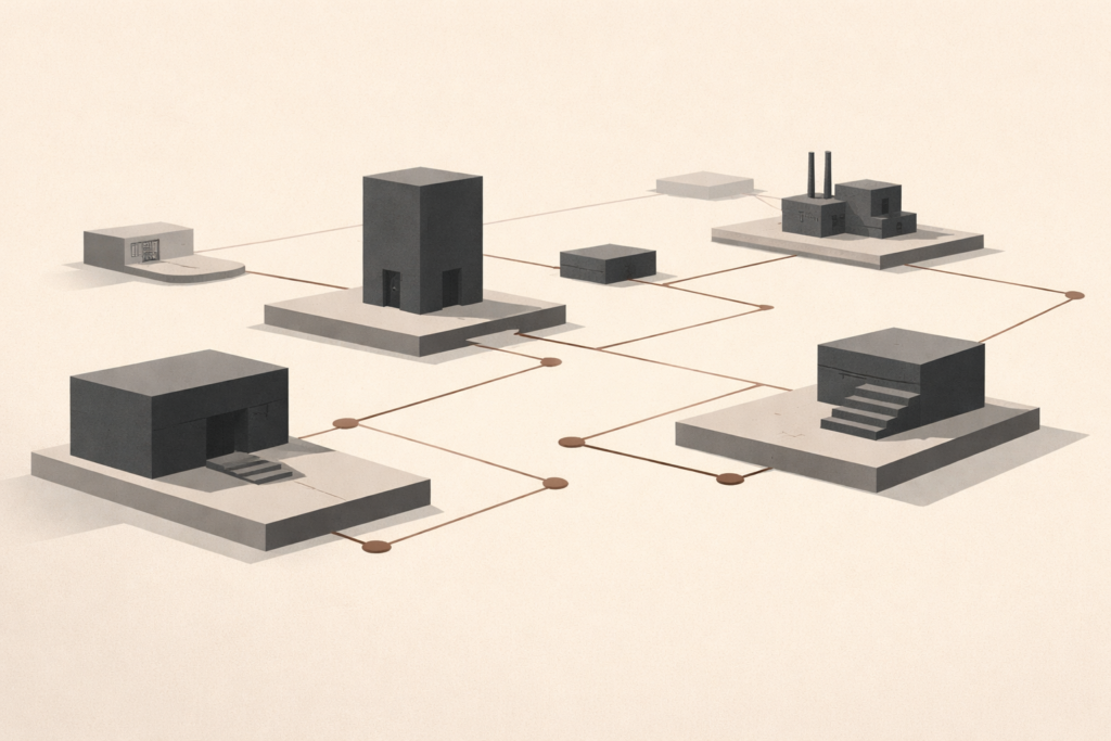 Minimalist architectural illustration showing decentralized structures connected by thin pathways, representing modern forced labor as a fragmented system of control.