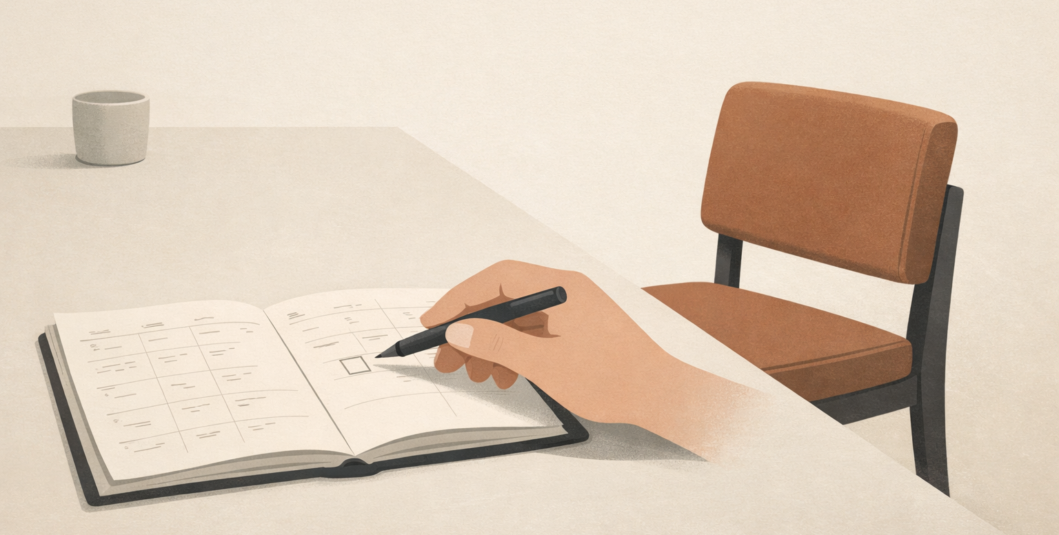 Minimalist editorial illustration showing difficulty saying no, with an overfilled planner and a hesitant hand pausing before a decision about overcommitment.