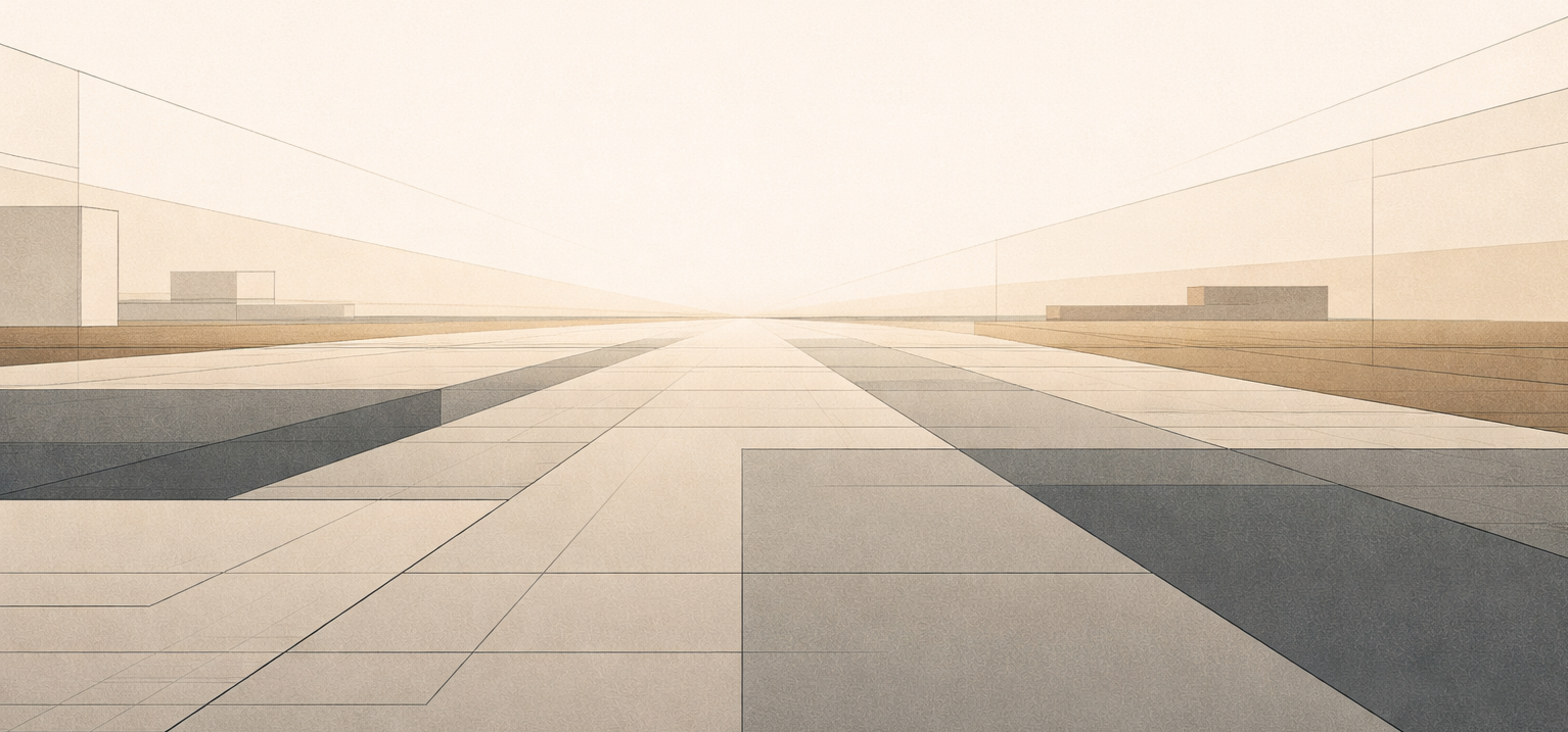 Ultra-wide minimalist illustration representing future literacy as disciplined foresight and long-term thinking.