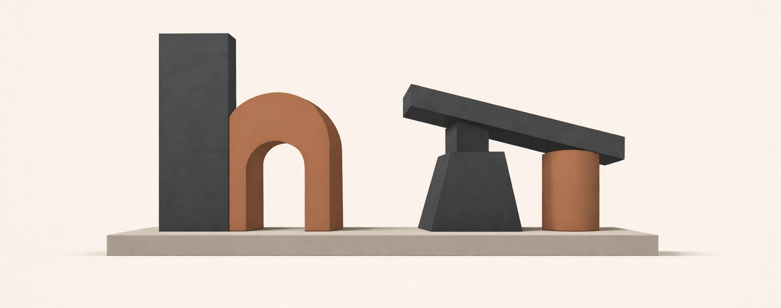 Minimalist architectural illustration showing unequal but stable structural forms connected by a shared foundation, representing equal value and unequal function in relationships.