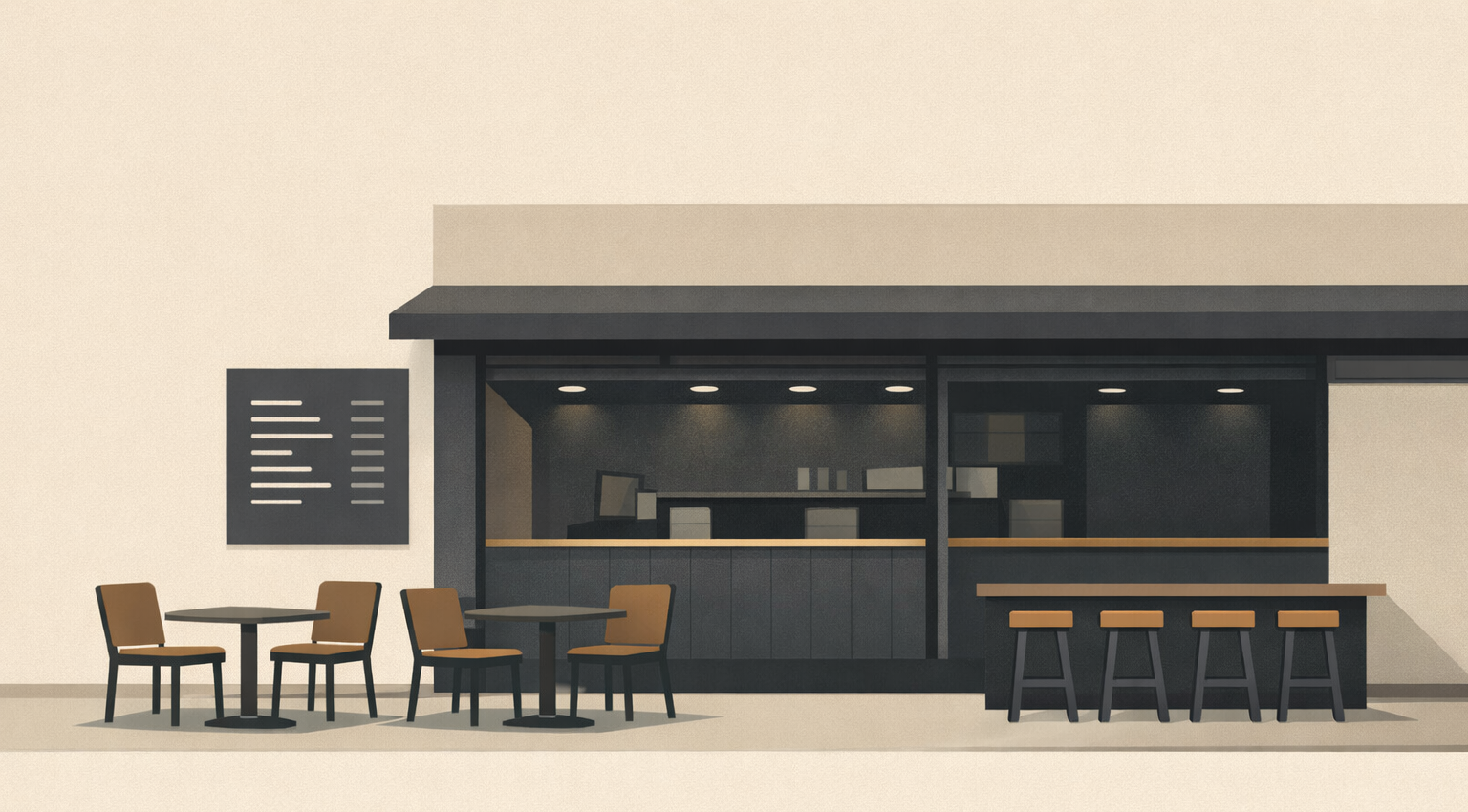 The end of the $20 lunch shown through an empty fast casual restaurant with lights dimmed and no customers.