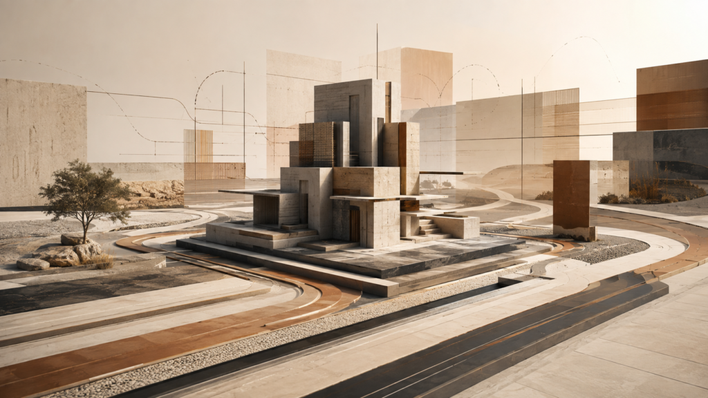 Architectural editorial illustration representing future literacy through a stable central structure surrounded by changing pathways, layered signals, and directional movement.