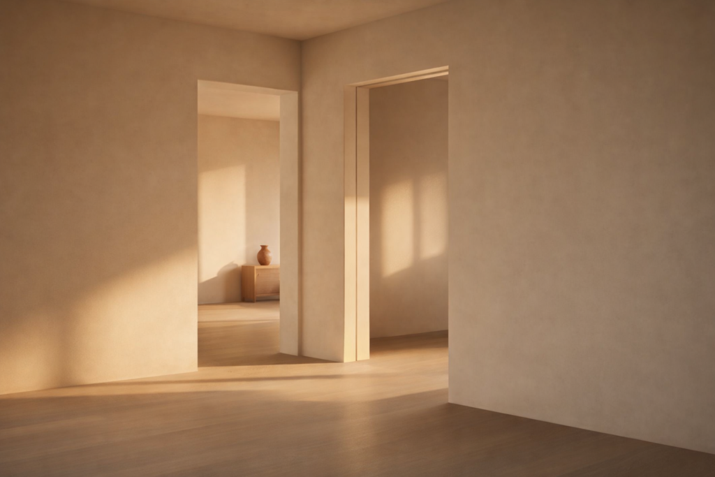 Minimalist interior showing happiness and joy working together through two connected spaces, warm light, and calm relational balance.