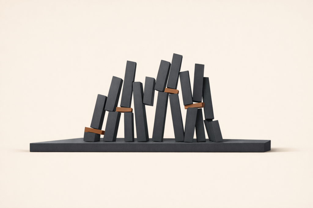 Minimalist editorial illustration showing how hustle culture institutions become structurally fragile under constant strain.