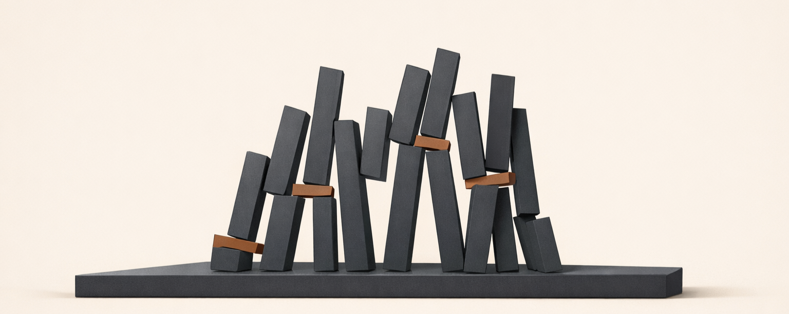 Minimalist editorial illustration showing how hustle culture institutions become structurally fragile under constant strain.