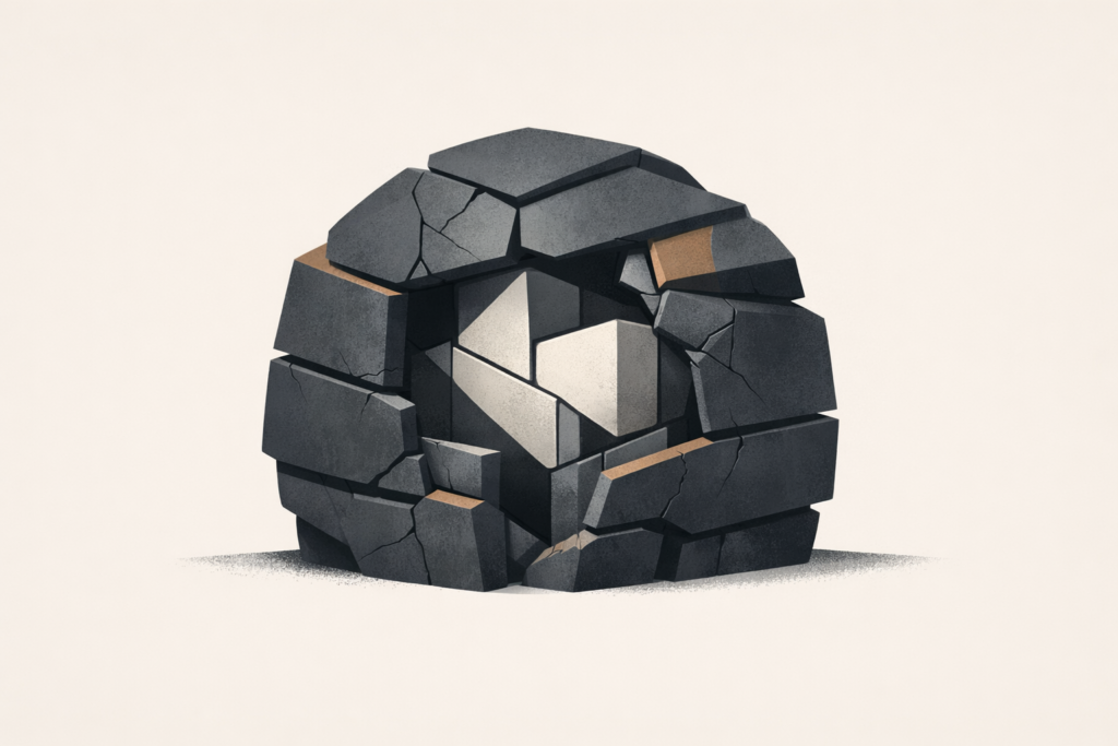 Minimalist architectural illustration showing a solid inner structure wrapped in heavy, cracked outer layers, symbolizing identity used as armor in modern relationships.
