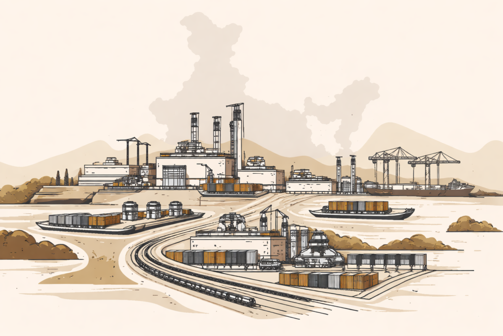 Editorial illustration showing India’s manufacturing expansion with factories and logistics infrastructure emphasizing execution at scale.