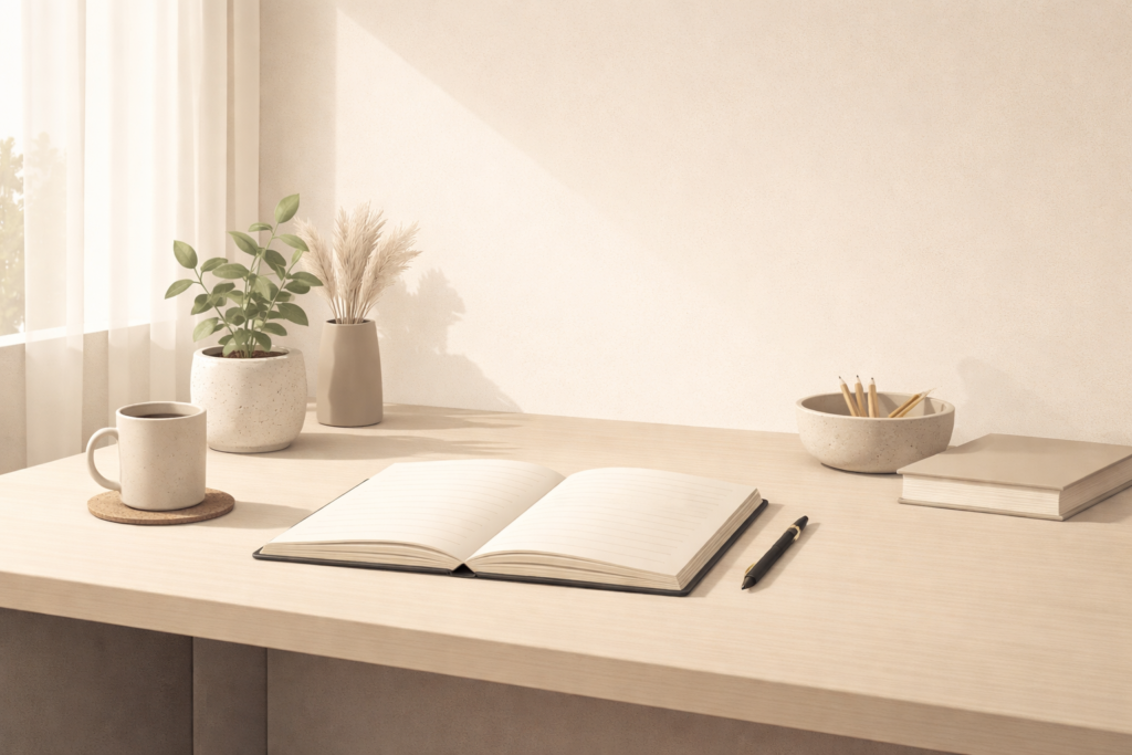 Minimalist editorial illustration of a quiet desk with an open empty notebook, soft natural light, and strong negative space, symbolizing mental clarity and disciplined stillness.