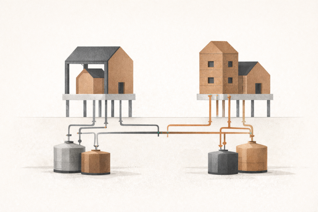 Minimalist architectural illustration showing different metabolic systems producing different fitness outcomes, representing metabolic variance and biological efficiency.