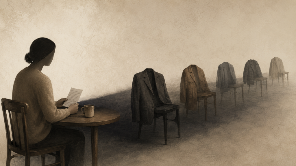 Faceless figure holding one handwritten note as its shadow spreads across several distinct empty men's jackets, illustrating one experience becoming a generalized judgment.