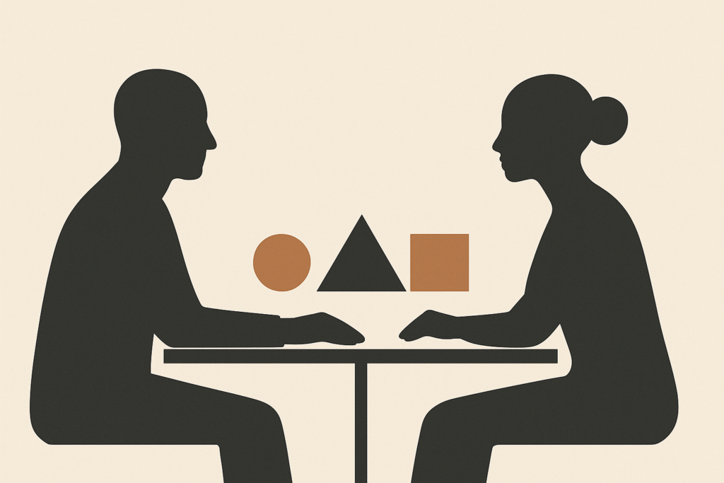 Minimalist illustration of two silhouettes facing each other across a table, with geometric shapes floating between them symbolizing expectations in modern dating.