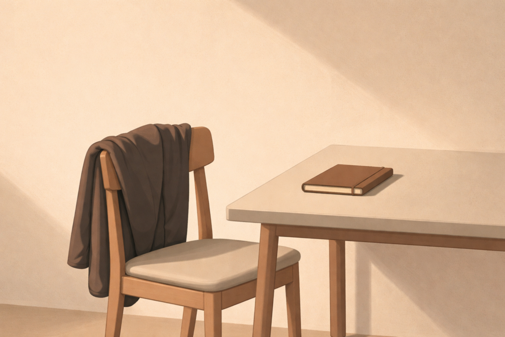 Minimalist editorial illustration of a quiet interior scene featuring a wooden chair slightly pulled from a table, a neatly folded jacket on the chair, and a closed notebook placed with intention, symbolizing steadiness, responsibility, and grounded presence.