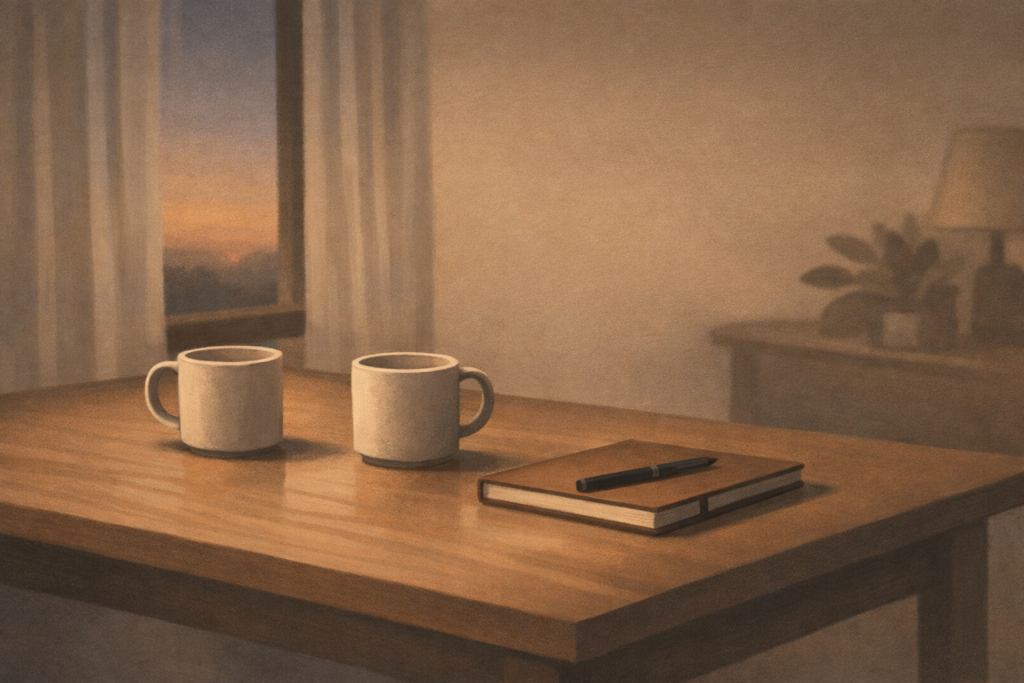 Minimalist interior scene symbolizing quiet provision and shared stability through calm order and evening light.