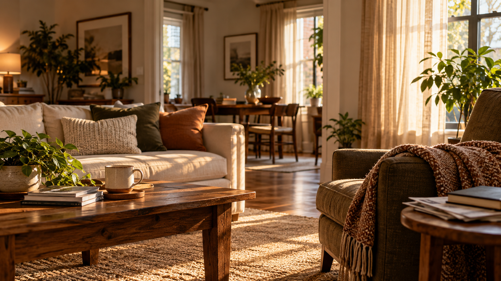 A comfortable living room in soft morning light, with a folded blanket and a few unfinished household items resting nearby.