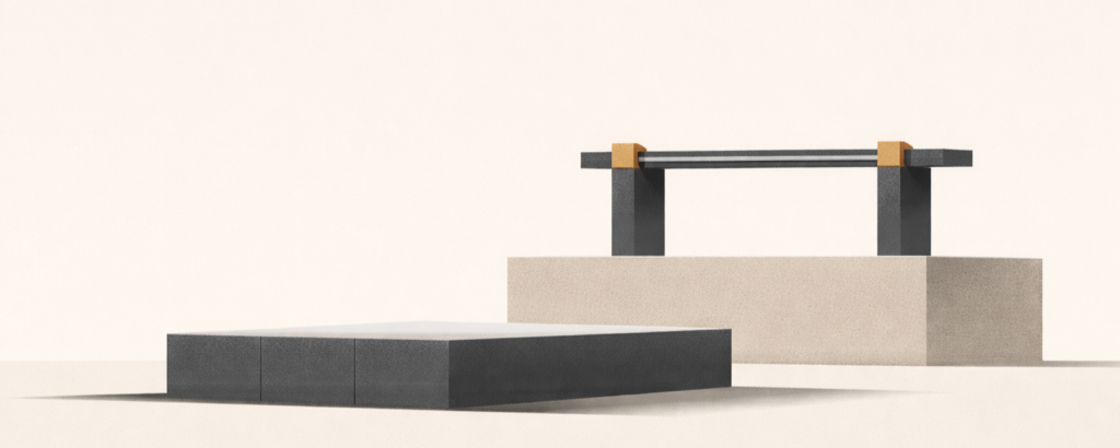 Ownership is not control illustrated through a minimalist architectural structure showing a grounded base separated from an elevated control mechanism.