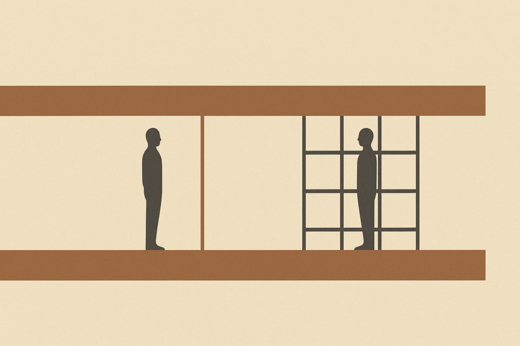Minimalist illustration showing two parents separated by a structural beam, symbolizing parental access and gatekeeping in modern co-parenting systems.