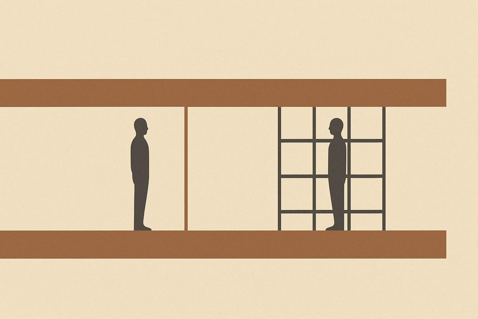 Minimalist illustration showing parental access versus gatekeeping, with two adult silhouettes divided by a structural beam, symbolizing co-parenting infrastructure.