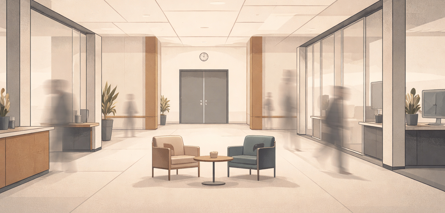 Minimalist editorial illustration representing cultural permission and systemic busyness through institutional structure and implied motion