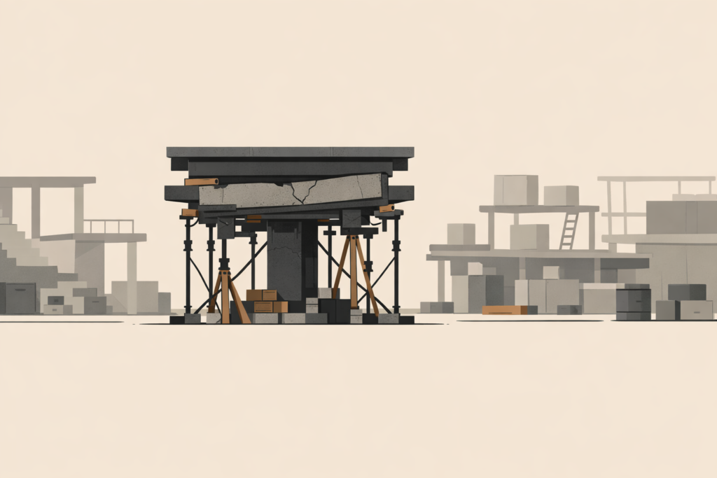 Minimalist architectural illustration showing endurance demanded by broken systems through repeated structural reinforcement instead of foundational change.