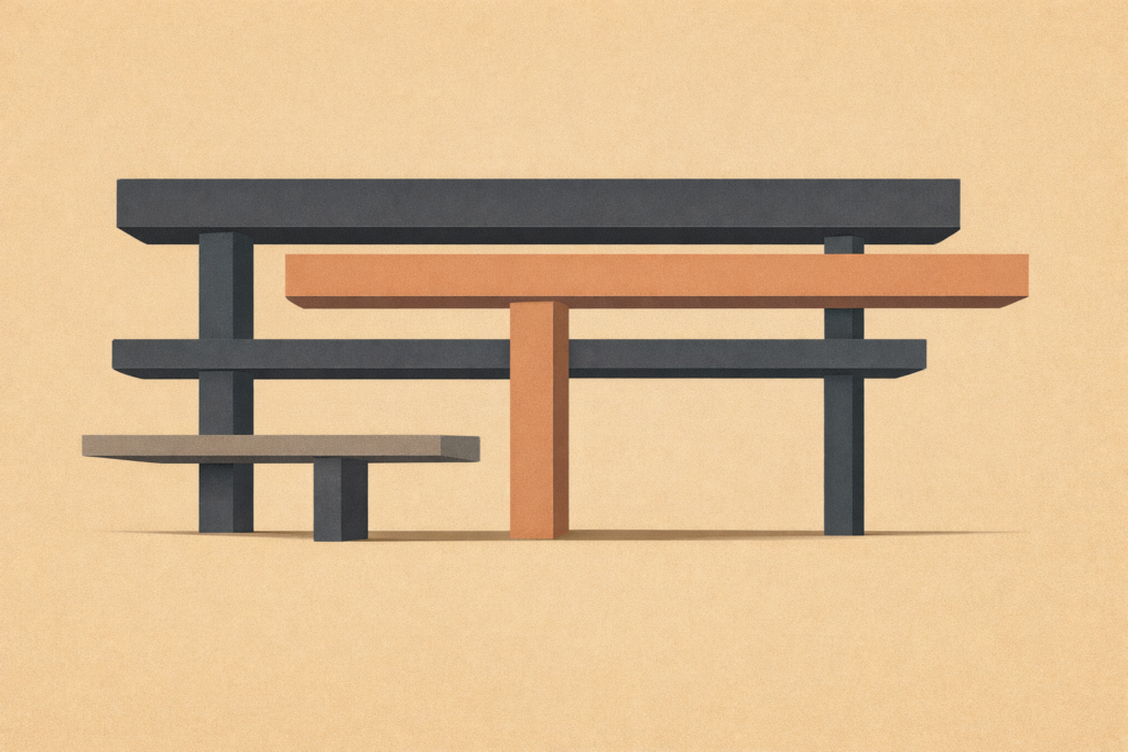 Minimalist architectural illustration representing provision as structure through balanced horizontal beams and vertical supports.