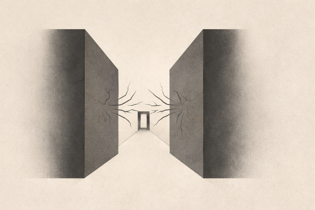 Minimalist architectural illustration showing resistance to listening as parallel walls blocking alignment.