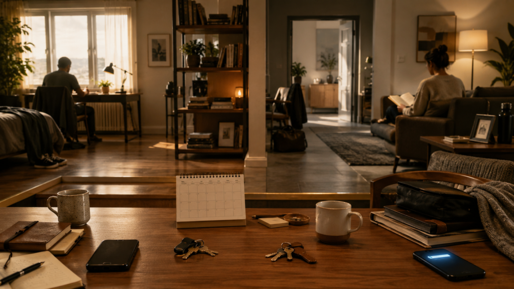 Two adults share a structured living space with distinct personal areas, illustrating relationship boundaries, trust, autonomy, and control.