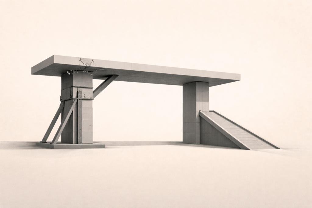 Repair discipline in relationships illustrated through reinforced structural repair under sustained load.