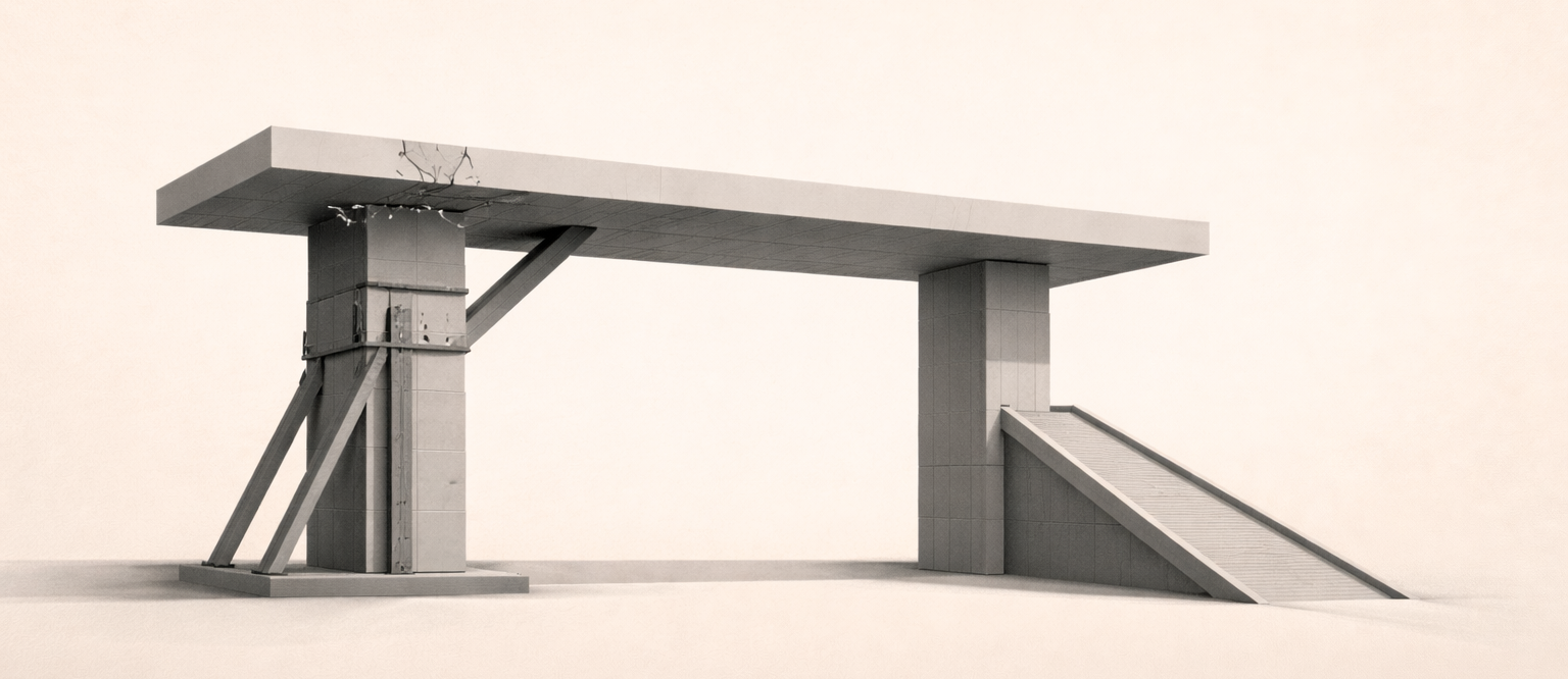 Repair discipline in relationships illustrated through reinforced structural repair under sustained load.