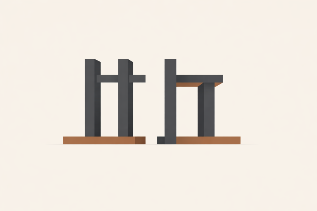 Minimalist architectural illustration of two parallel structural forms representing pair bonding as shared stability through structure, not intensity.