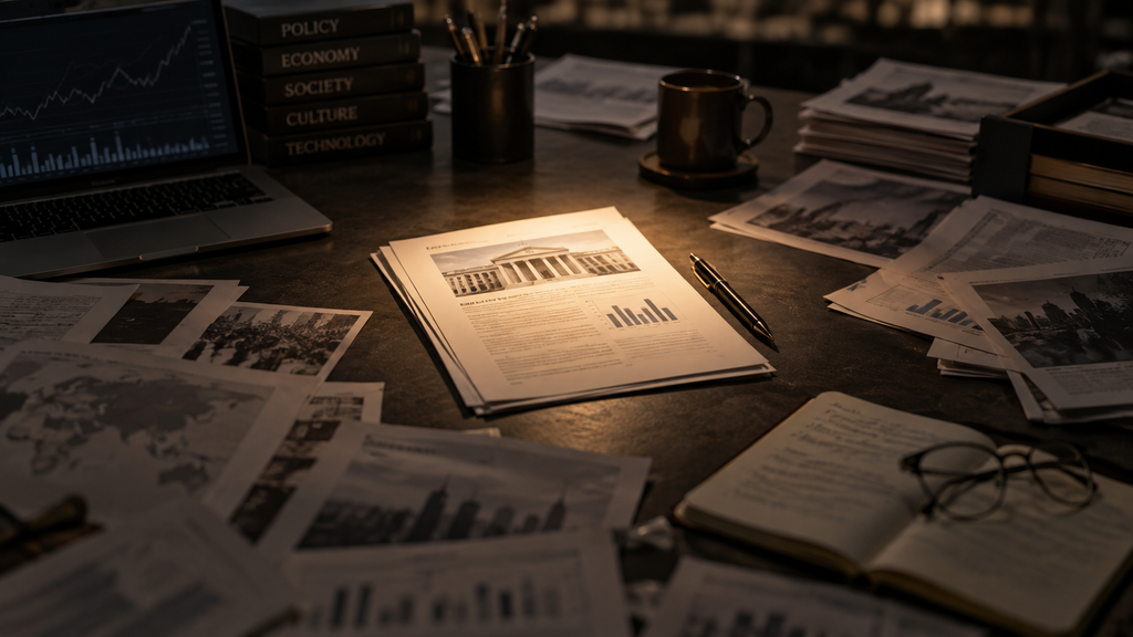 Editorial workspace separating one consequential signal from surrounding information noise, representing disciplined attention and judgment.