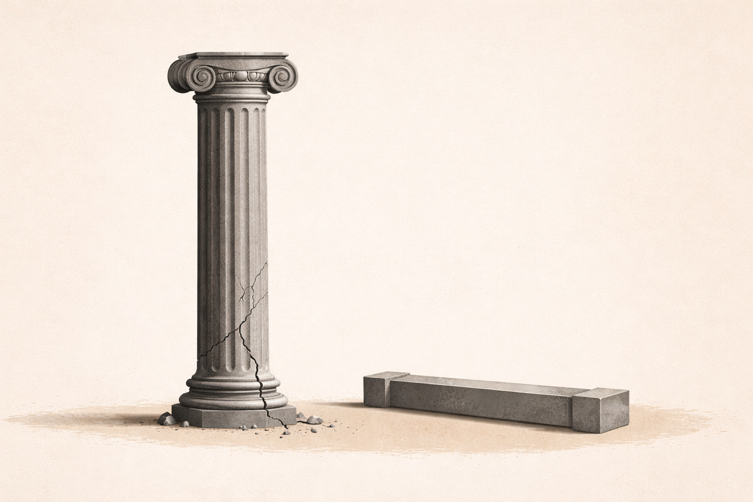 Minimalist architectural illustration showing strength vs self-sabotage through a strained column and unused support beam in a relationship context