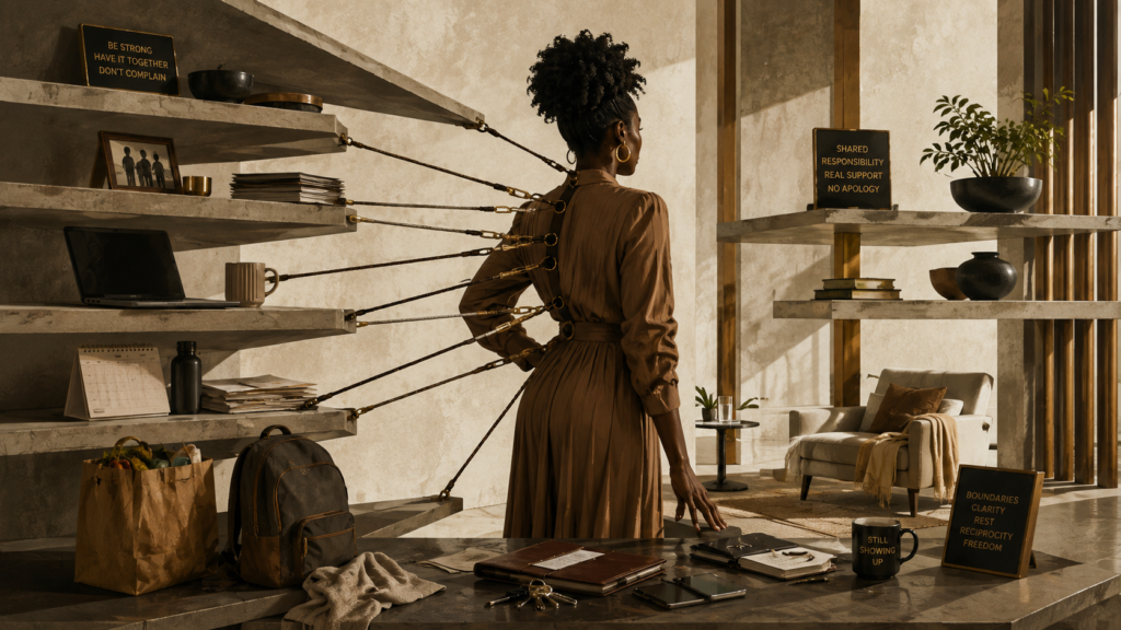 Editorial illustration of a Black woman carrying disproportionate structural demands, representing the strong Black woman myth and emotional labor.
