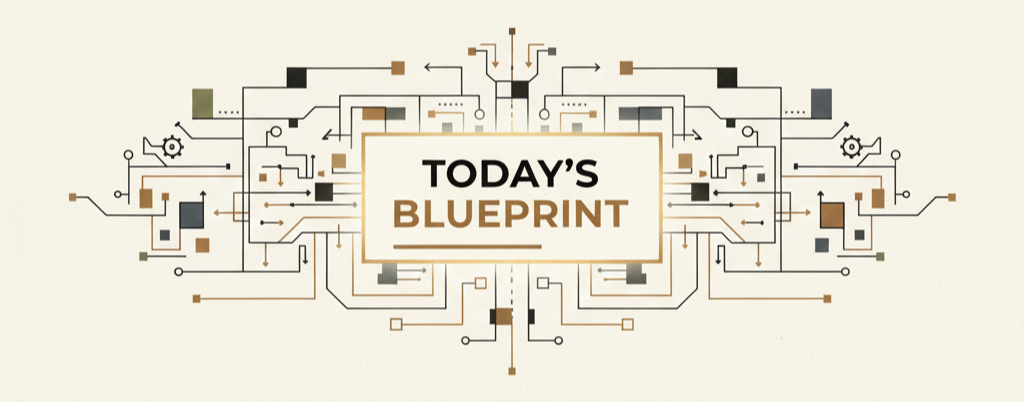 Minimalist 16:9 banner with warm sand and charcoal tones, featuring a clean geometric layout for the Daily Blueprint series.