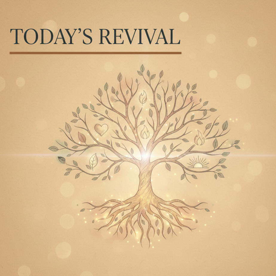 Minimalist warm-sand square banner with soft clay-brown uplift arcs and gentle charcoal gradients, symbolizing emotional restoration, renewal, and spiritual grounding for “Today’s Revival.”