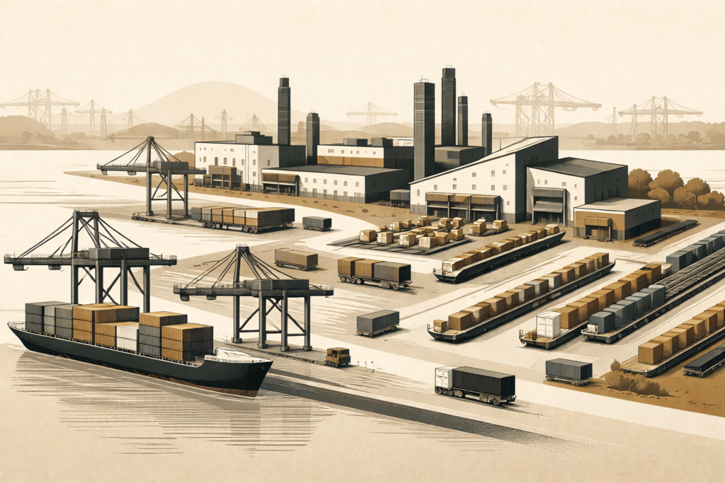 Editorial illustration showing Vietnam export growth through factories, port logistics, and disciplined manufacturing workflows.