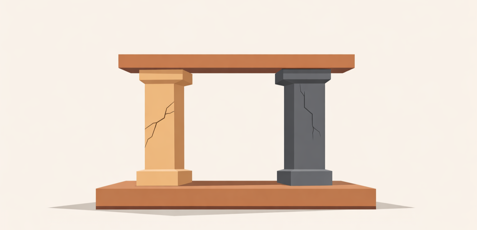 Marriage expectations under stress illustrated through two load-bearing pillars on a solid foundation.