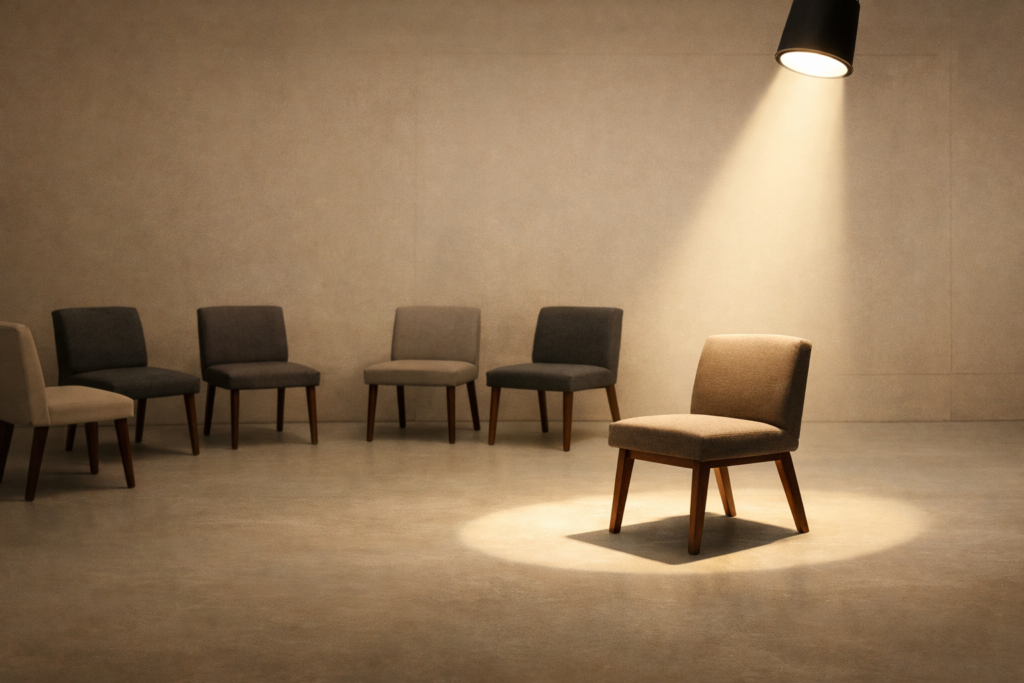 Minimalist scene with empty chairs and a single spotlight, symbolizing performance culture disrupting community and presence.