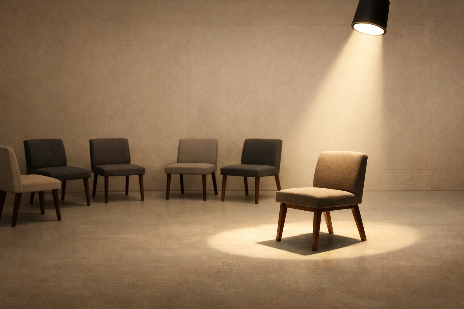 Minimalist scene with empty chairs arranged in a loose circle and one chair under a spotlight, representing performance culture disrupting community.