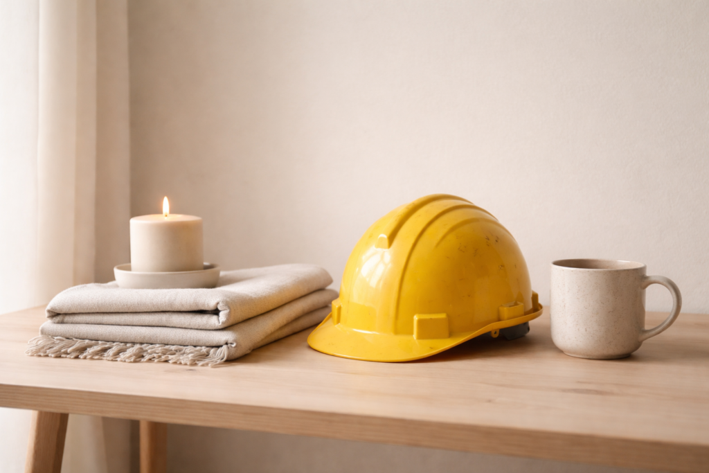 A minimalist interior scene showing a yellow construction hard hat placed among soft decor, symbolizing structure behind a soft life.