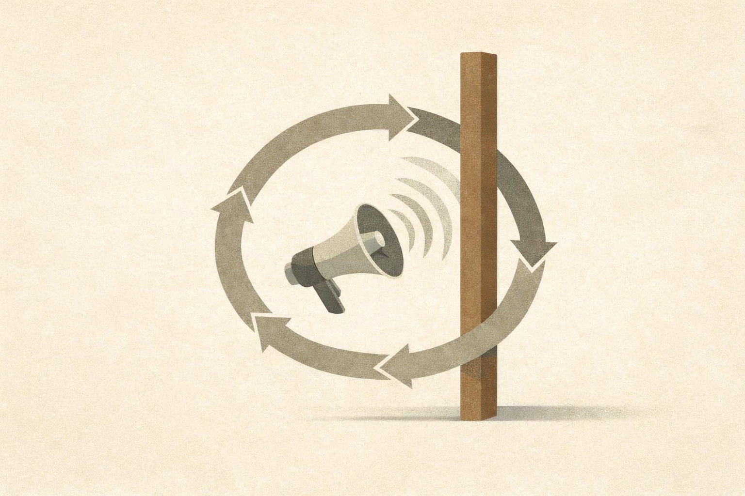 Virality incentive problem illustrated as a megaphone amplifying attention loops interrupted by accountability