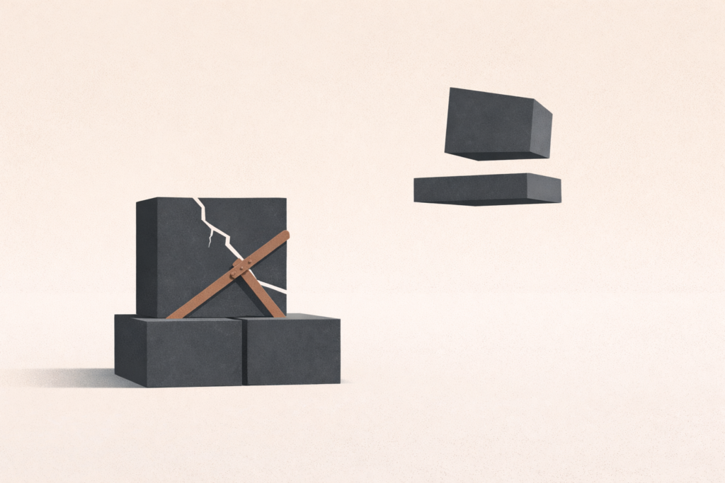Minimalist architectural illustration showing a fractured structure being reinforced beside an unattached form, symbolizing accountability through action rather than words.
