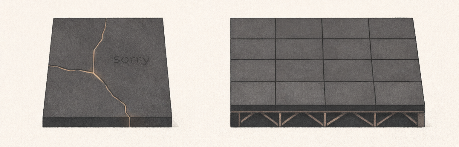 Apology vs Repair — Structural Integrity Illustration Apology vs repair illustrated through structural integrity metaphor with cracked tile and reinforced beam system