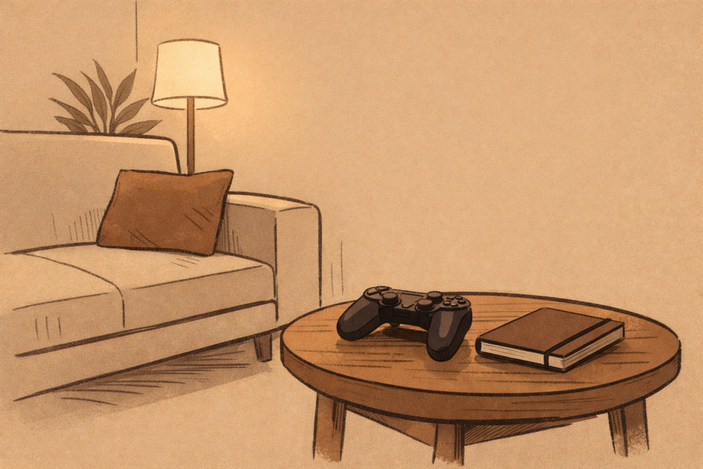 Are video games bad for adult men? A minimalist scene representing intentional play, rest, and emotional balance.