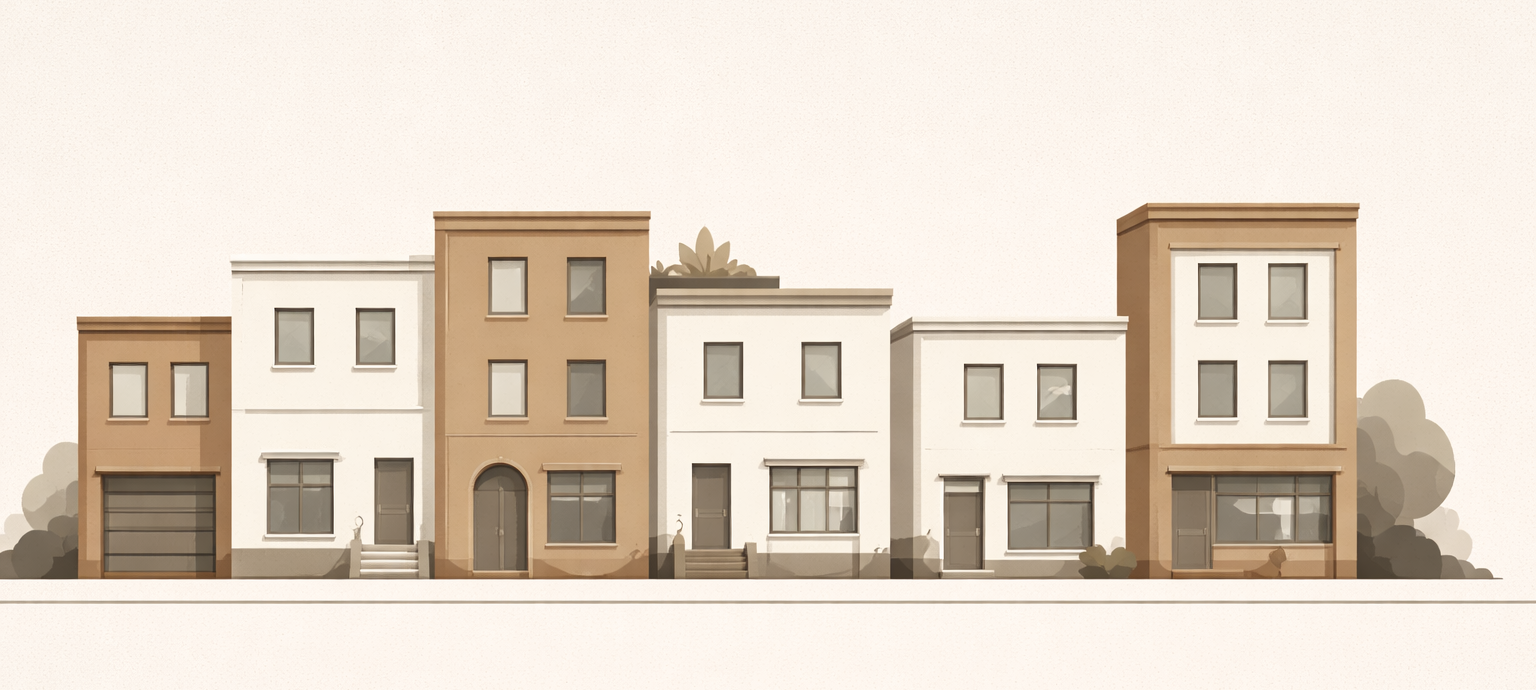 Minimalist architectural illustration showing orderly neighborhood buildings subtly realigned to restore balance and community order.