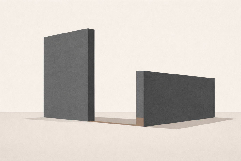 Minimalist architectural illustration showing a clear boundary between two structures, symbolizing boundaries as clarity with consequences rather than ultimatums.