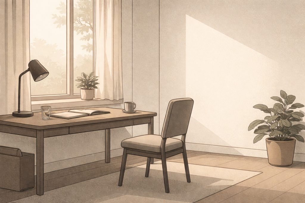 Minimalist editorial illustration showing burnout as grief, with an empty workspace suggesting loss and emotional pause.