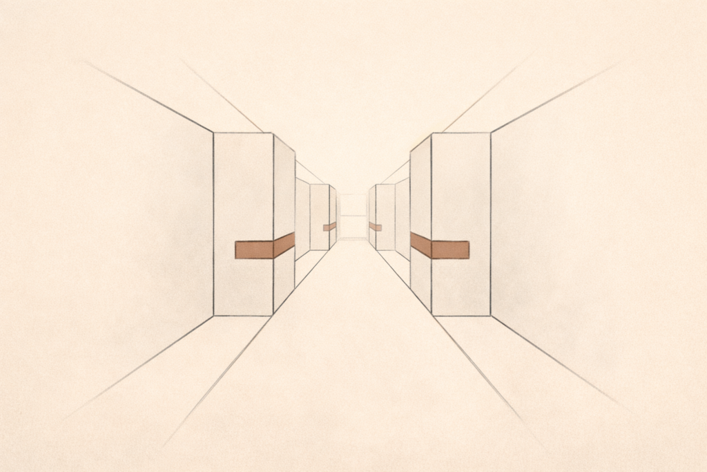 Designed friction in systems shown as an architectural corridor with intentional narrowings that slow movement without blocking progress