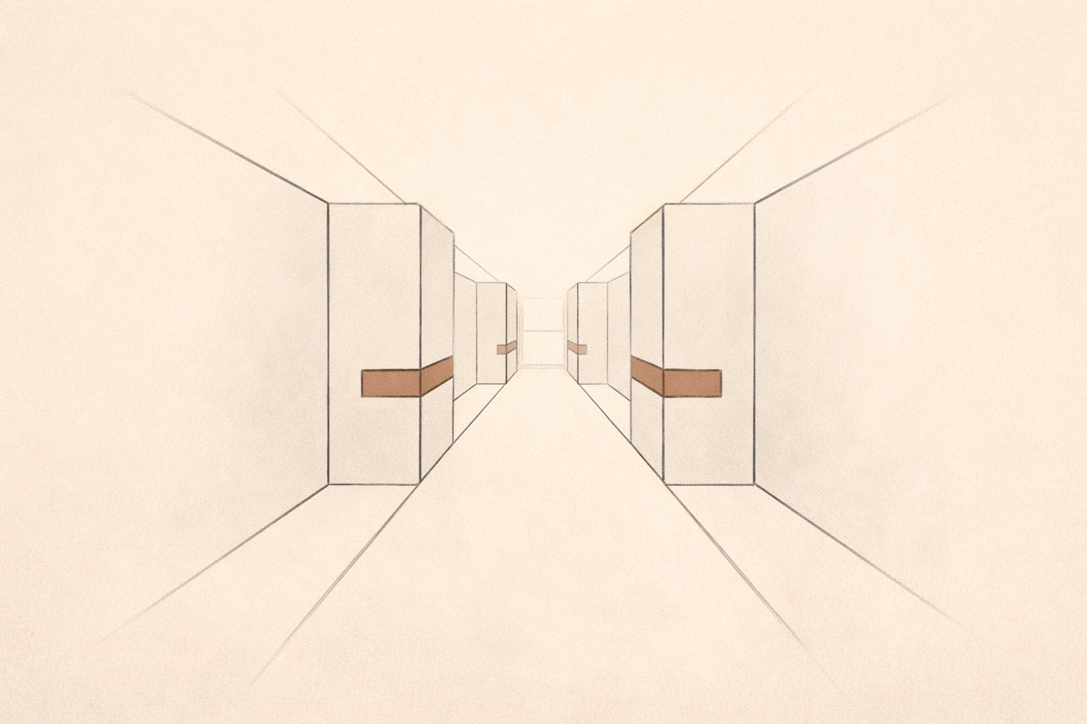 Designed friction in systems shown as an architectural corridor with intentional narrowings that slow movement without blocking progress