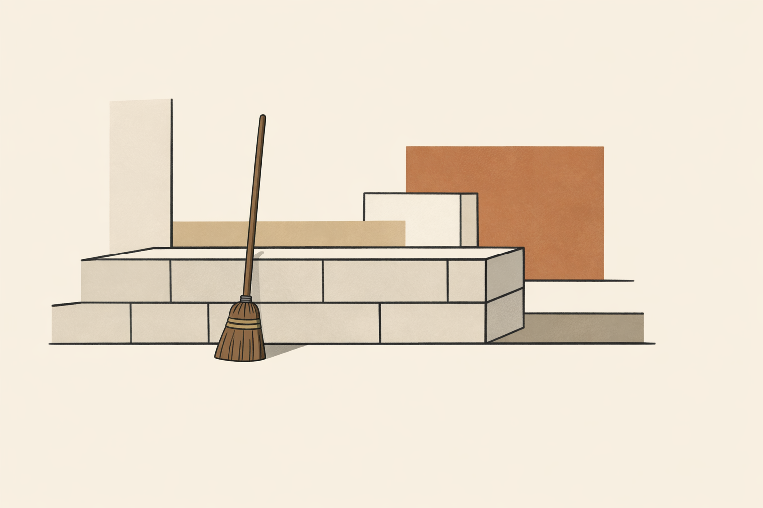 Minimalist illustration symbolizing dignity through work, showing a broom resting against a stone wall with a clean geometric foundation.