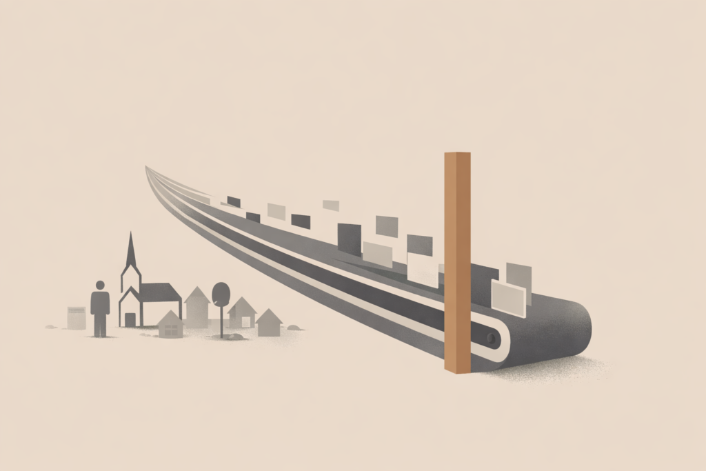 Illustration showing efficiency prioritized over fairness as data moves faster than communities can respond.